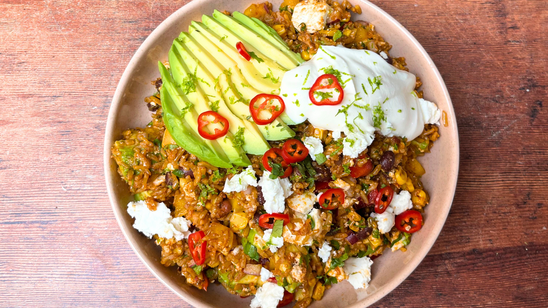 Mexican-style black bean, avocado and feta rice bowl
