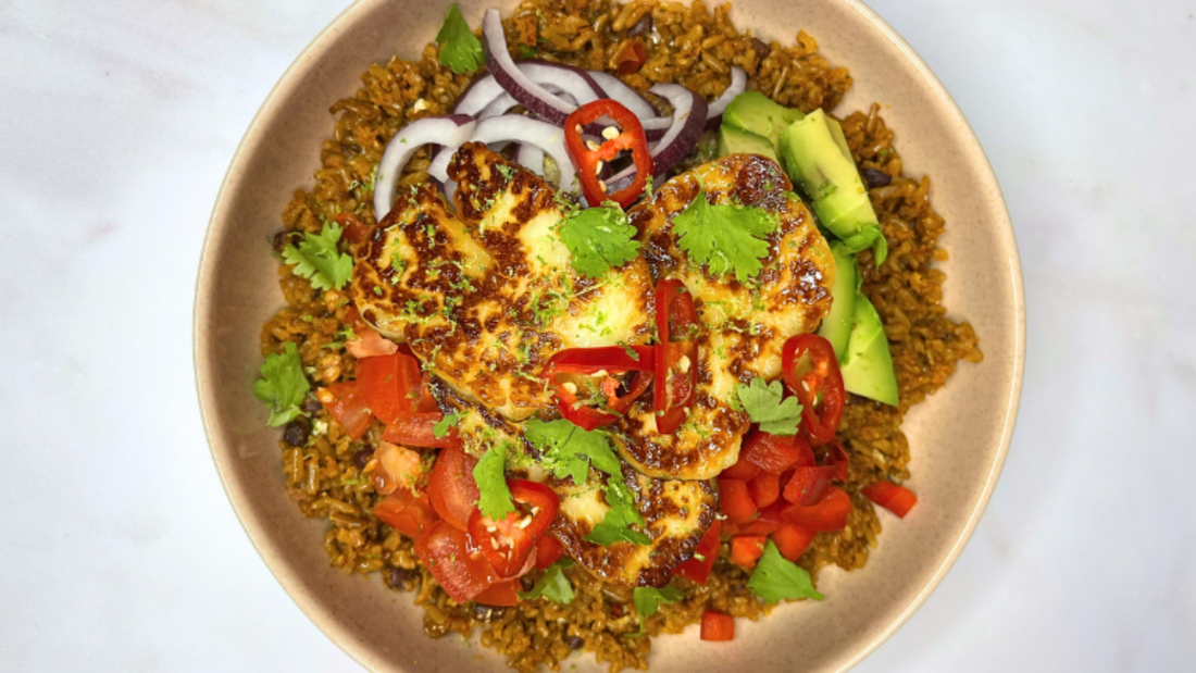 Lime and honey glazed halloumi with Chipotle rice