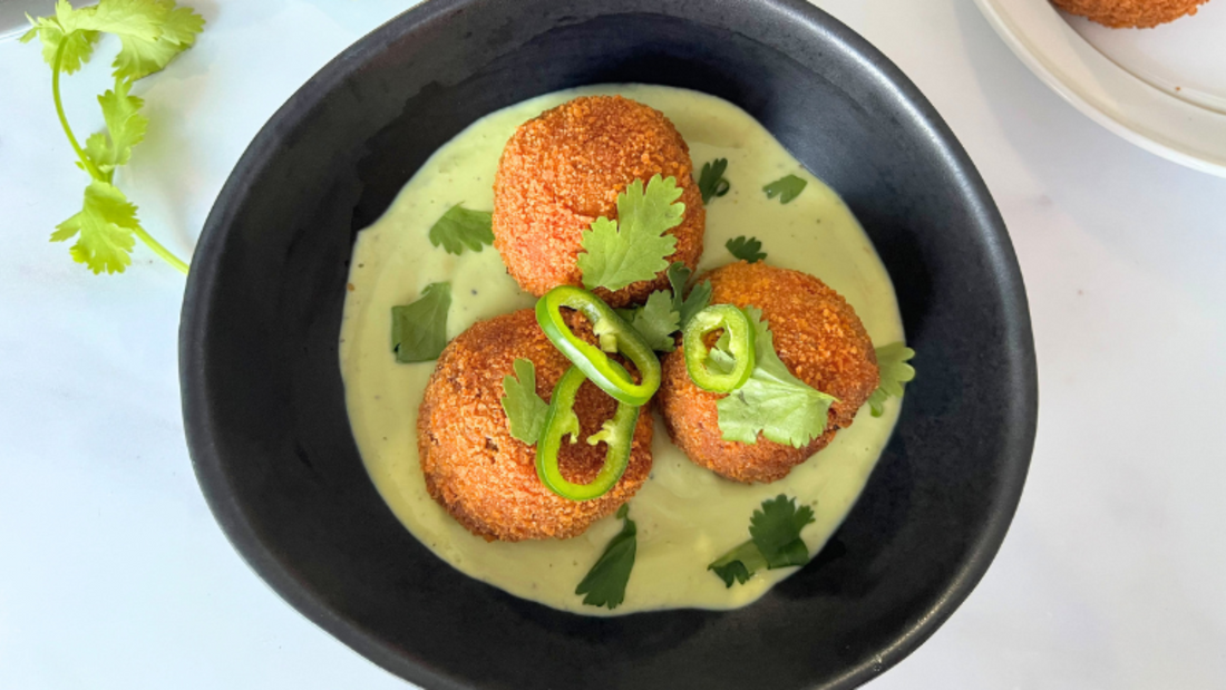 Crispy chipotle rice balls with avocado cream