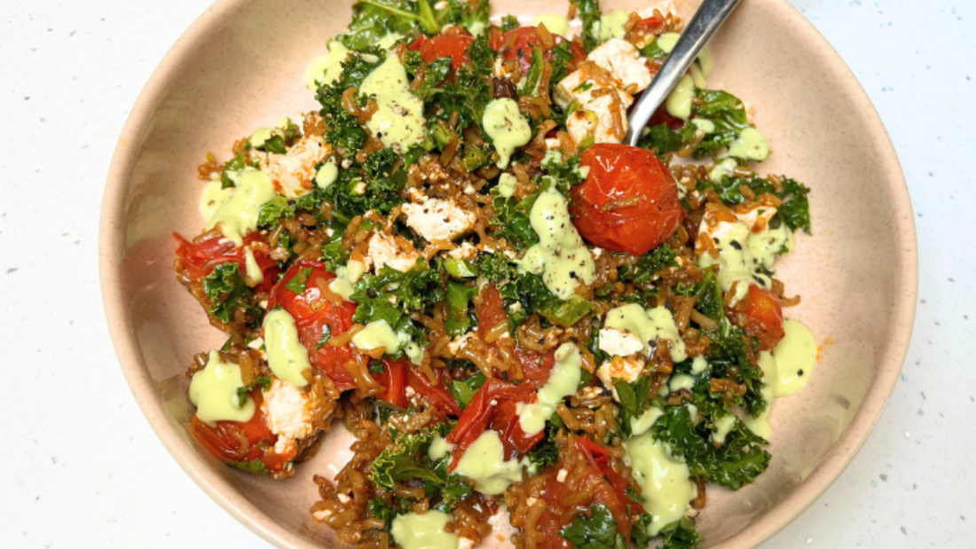 Kale, cherry tomato and Chipotle rice salad, with a creamy avocado dressing