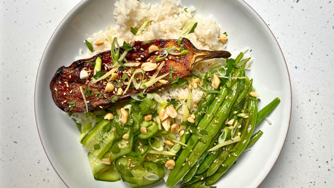 Miso aubergine with sticky coconut rice, green beans and pickled cucumber