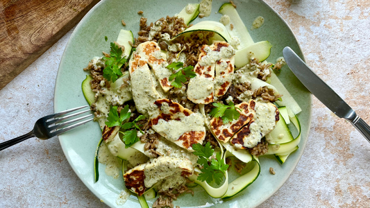 Herby rice and halloumi salad with a pesto dressing