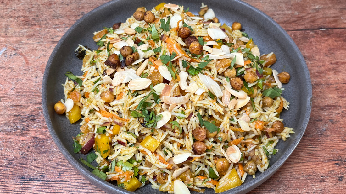 Moroccan-inspired rice salad with apricots, sultanas and roasted chickpeas