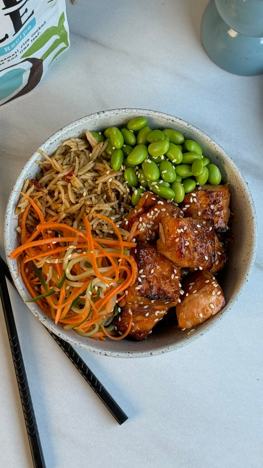 Soy Honey Glazed Salmon & Coconut Rice Bowl with Quick Pickle